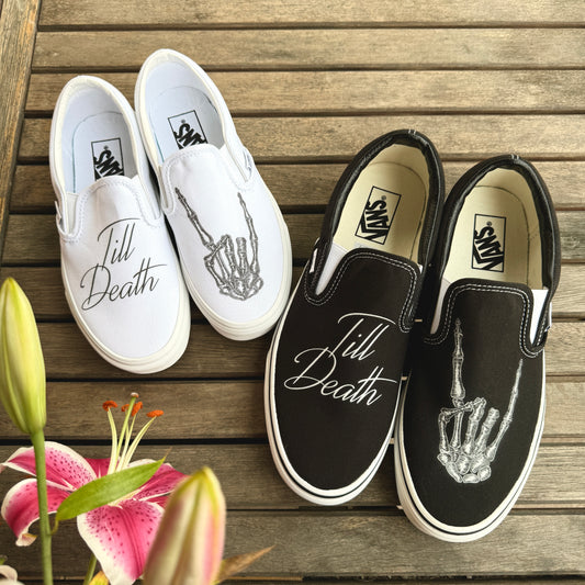 Till Death Custom Vans Slip Ons for Bride and Groom