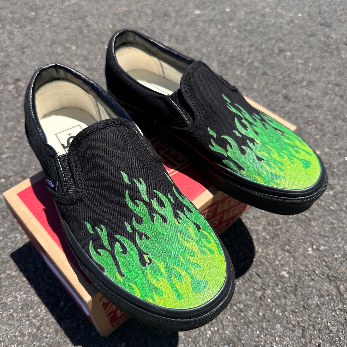 Hot Green Fire Flame Shoes - Custom Vans Black/Black Slip On Shoes