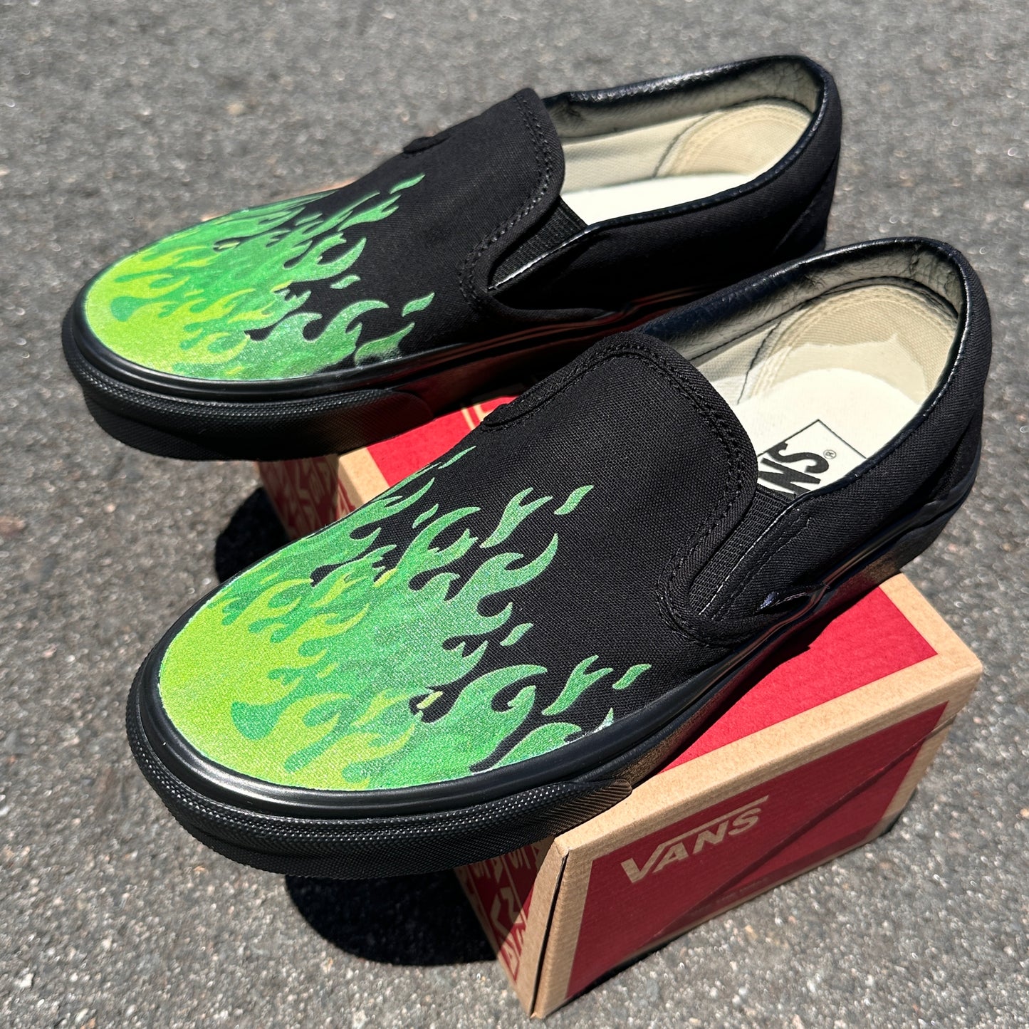 Hot Green Fire Flame Shoes - Custom Vans Black/Black Slip On Shoes