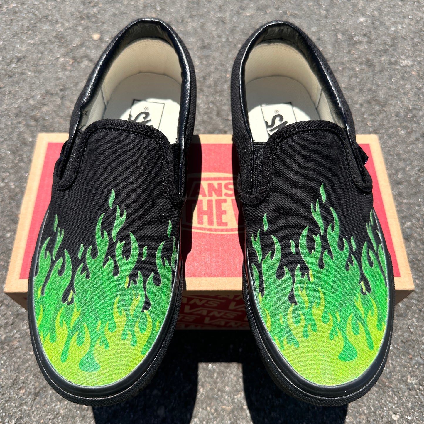 Hot Green Fire Flame Shoes - Custom Vans Black/Black Slip On Shoes
