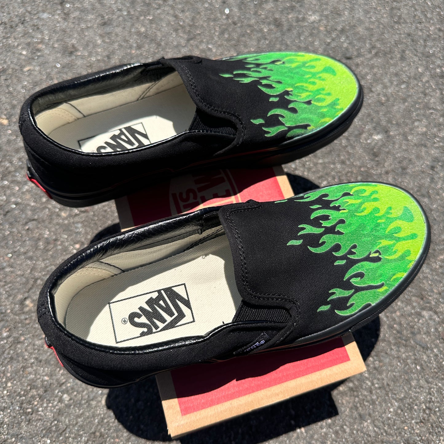 Hot Green Fire Flame Shoes - Custom Vans Black/Black Slip On Shoes