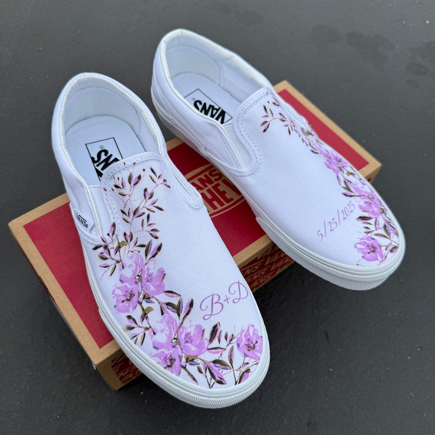 customizable wedding slip on vans shoes comfortable for bride lavender flowers