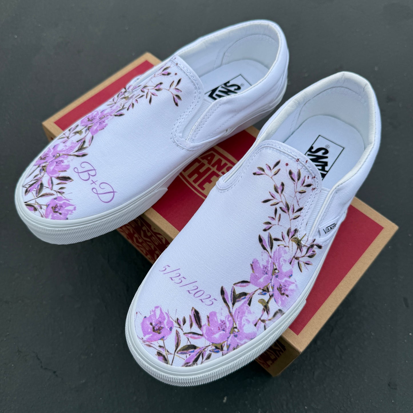 customizable wedding slip on vans shoes comfortable for bride lavender flowers