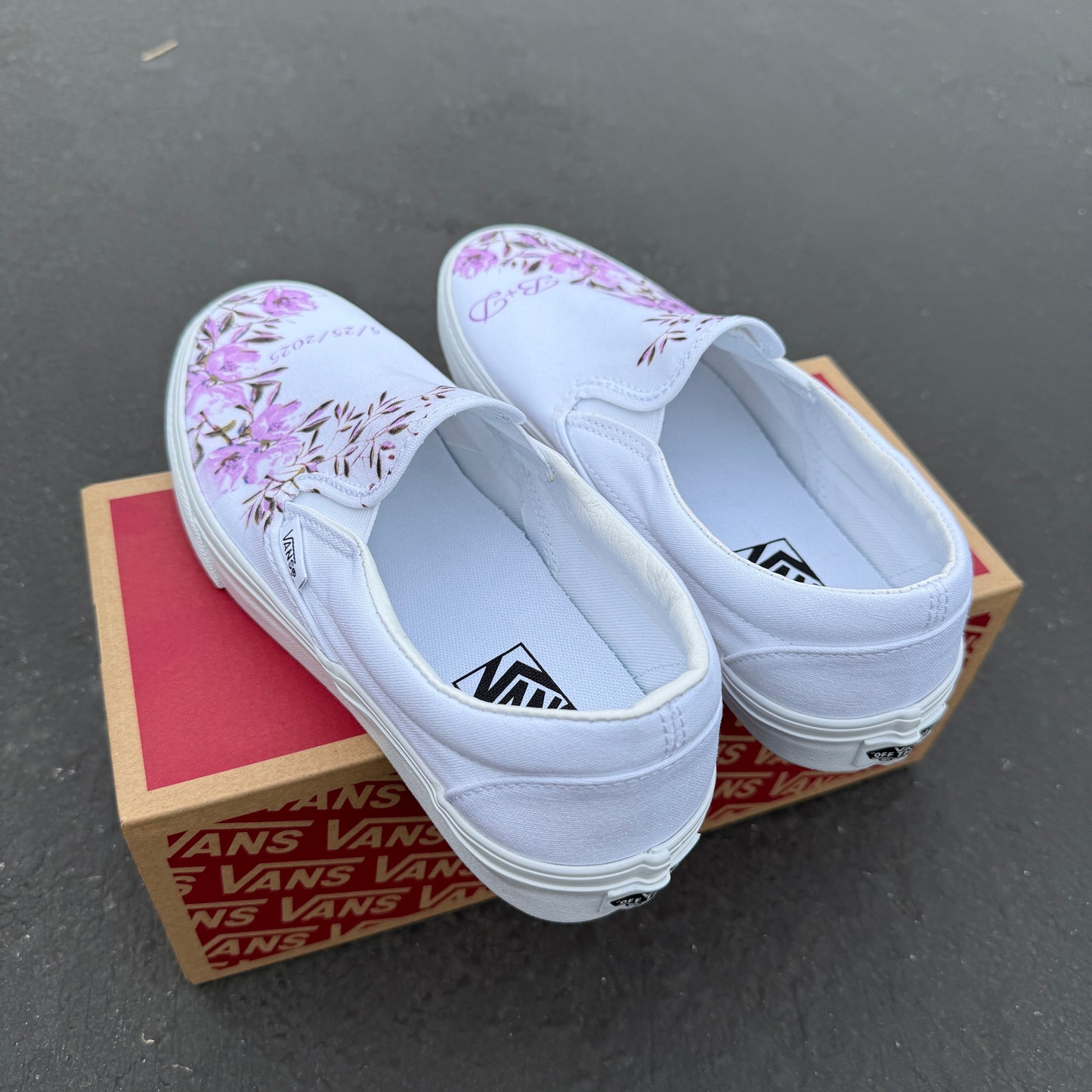 customizable wedding slip on vans shoes comfortable for bride lavender flowers