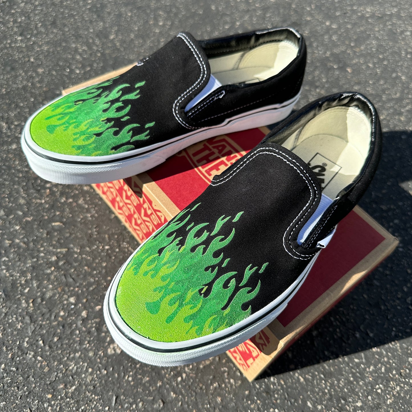 Hot Green Flame Shoes - Custom Vans Black Slip On Shoes