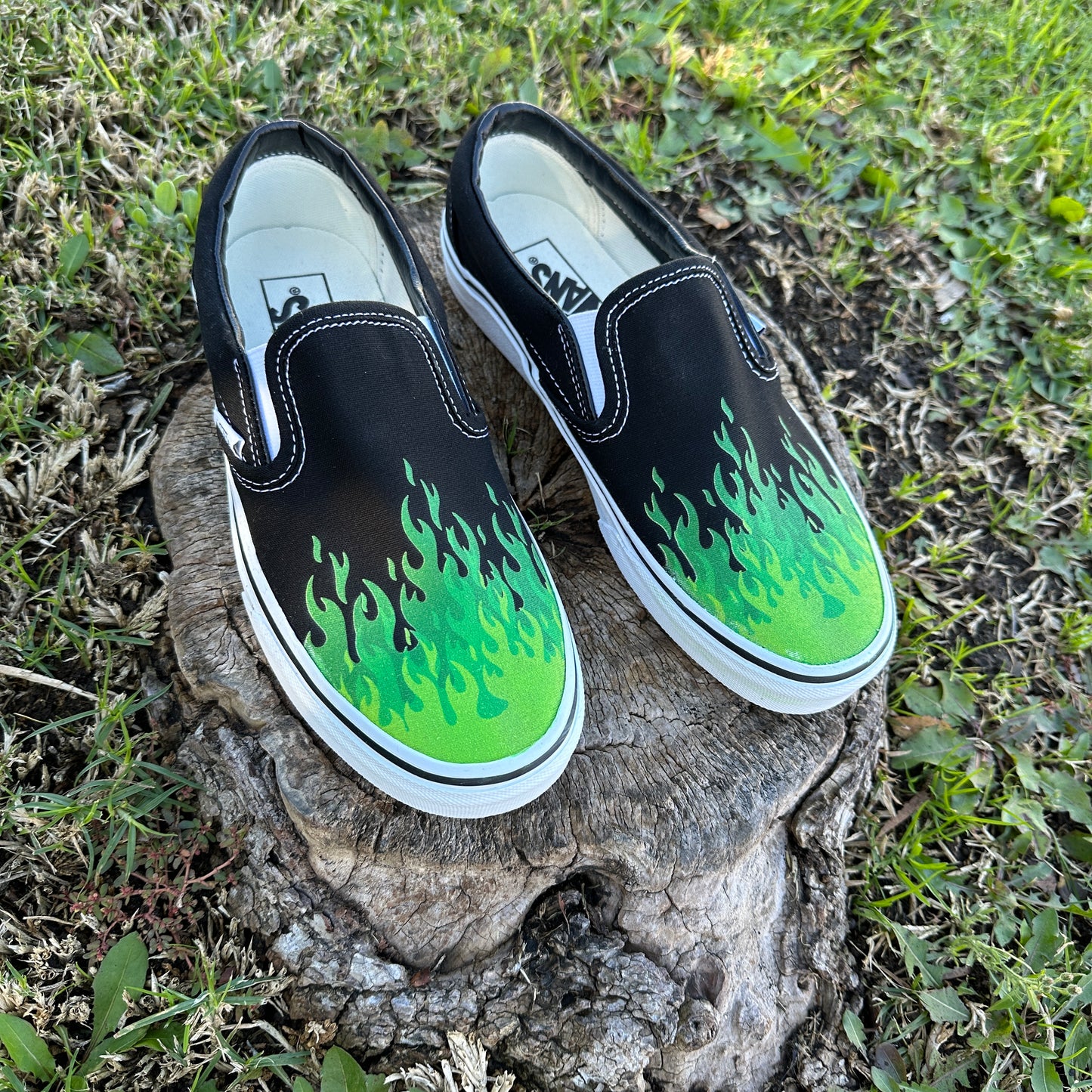 Hot Green Flame Shoes - Custom Vans Black Slip On Shoes