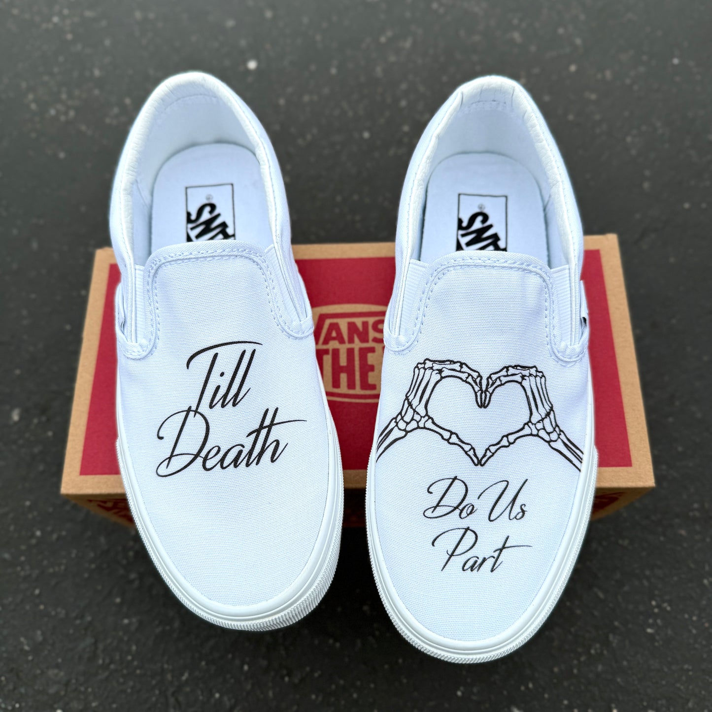 Till Death Do Us Part Skeleton Heart Hands White Wedding Vans Slip On Shoes - Custom Wedding Vans for Women and Men