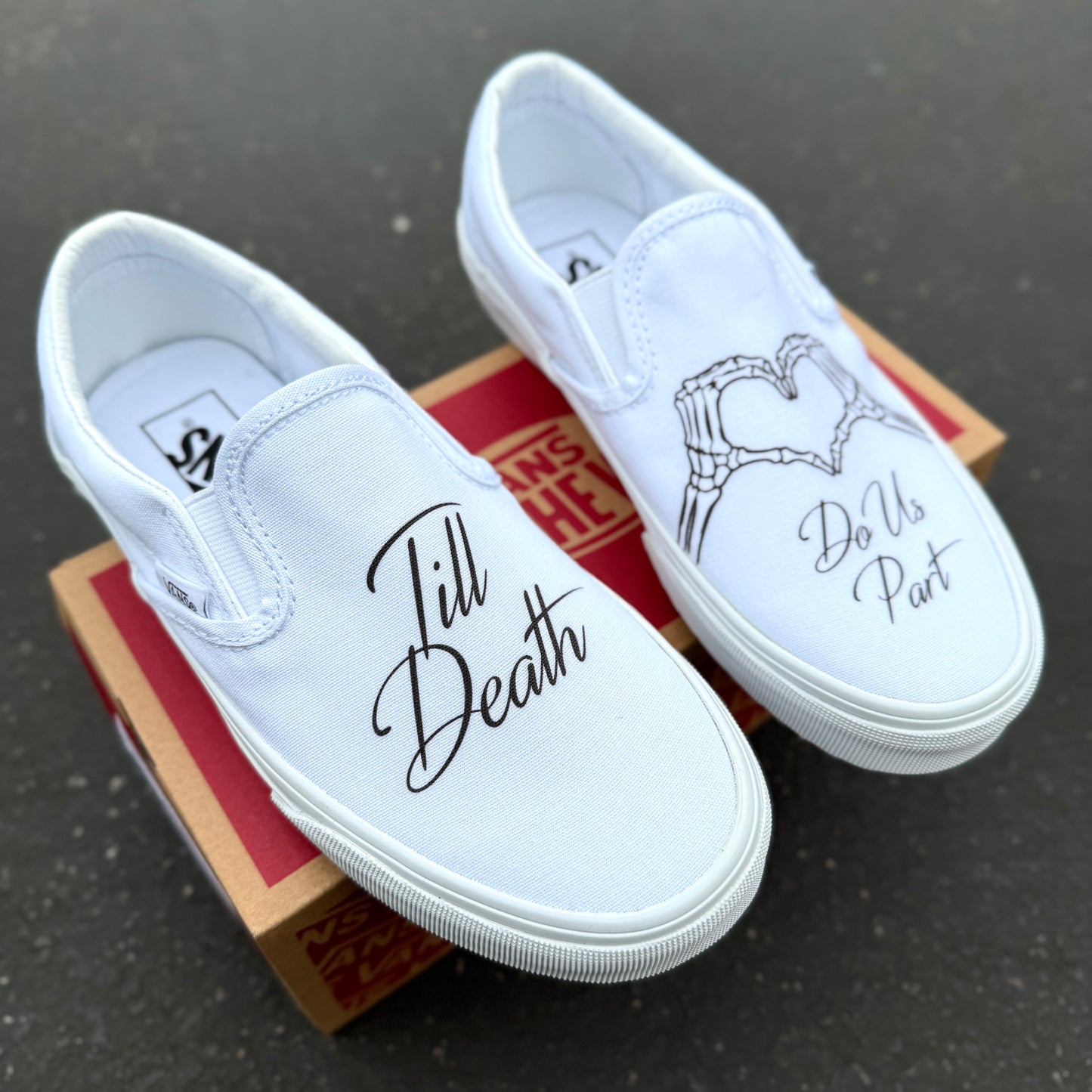 Till Death Do Us Part Skeleton Heart Hands White Wedding Vans Slip On Shoes - Custom Wedding Vans for Women and Men