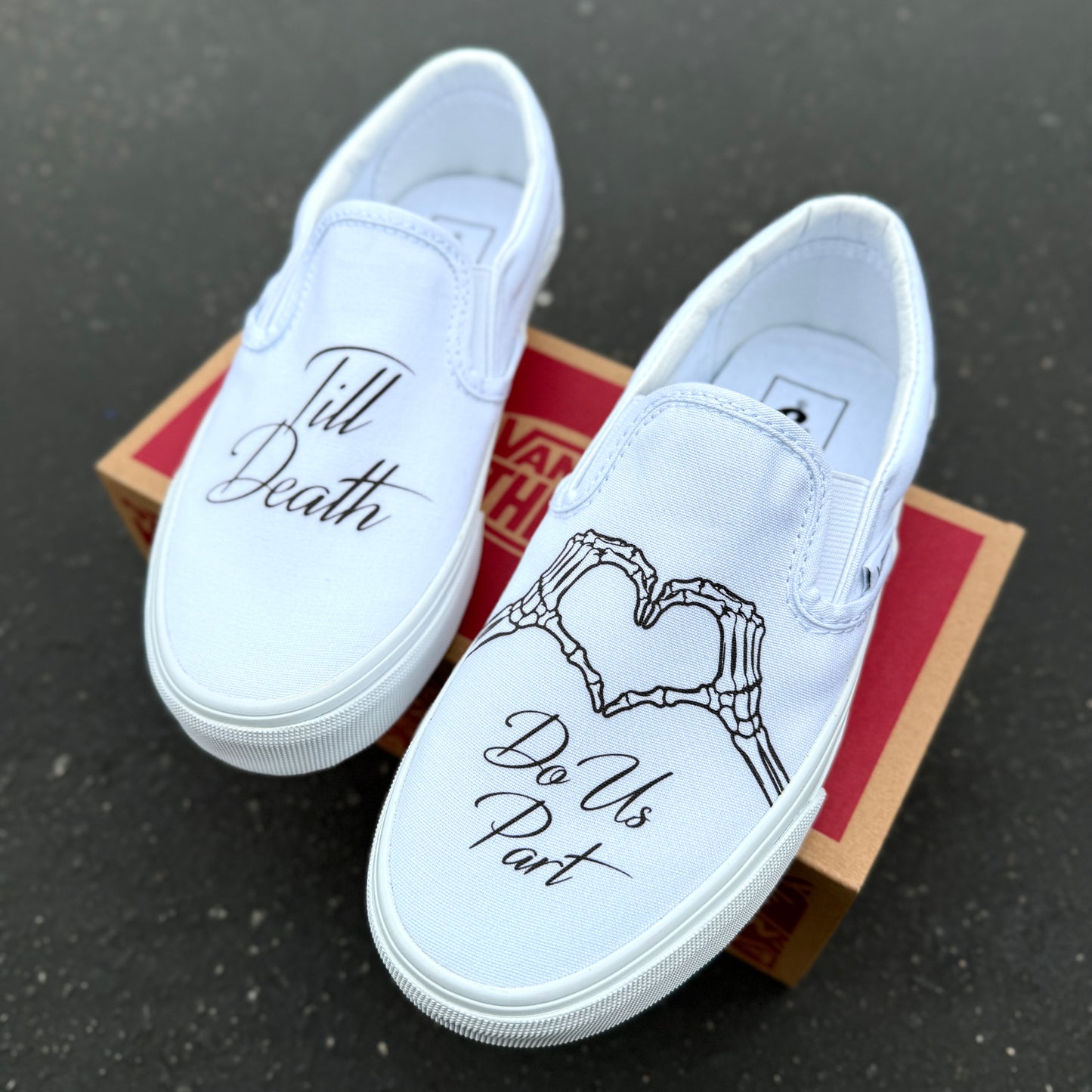 Till Death Do Us Part Skeleton Heart Hands White Wedding Vans Slip On Shoes - Custom Wedding Vans for Women and Men