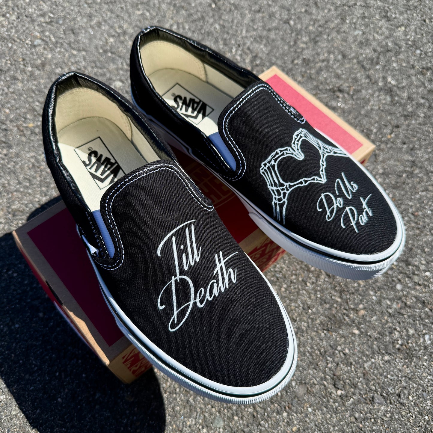 till death do us part skeleton hands custom vans slip on shoes