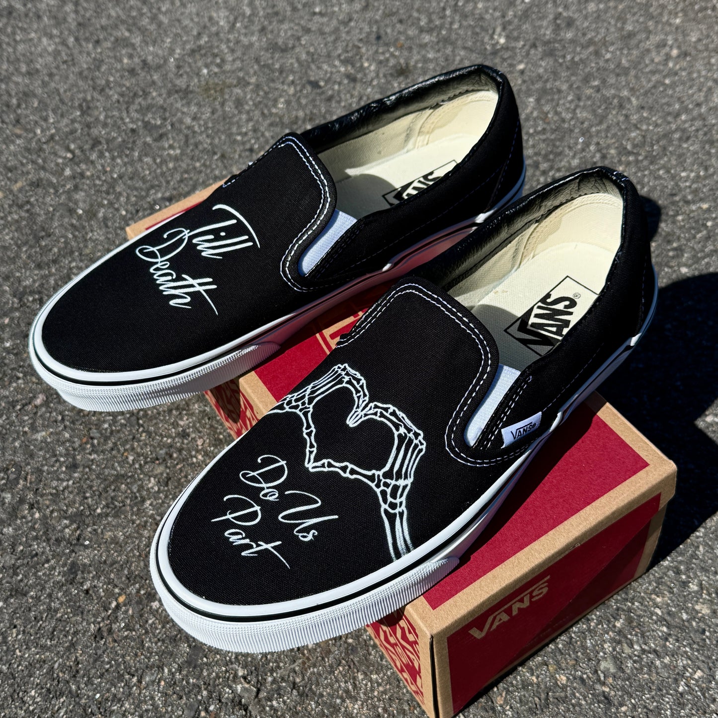till death do us part skeleton hands custom vans slip on shoes