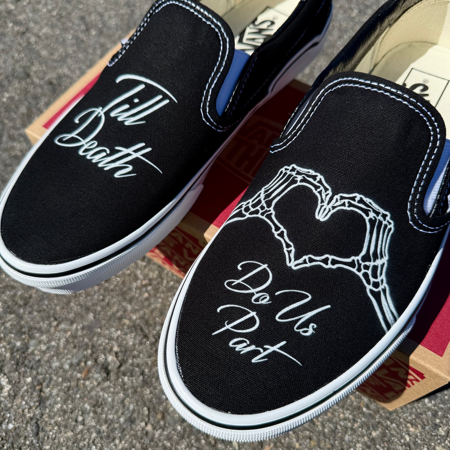 till death do us part skeleton hands custom vans slip on shoes