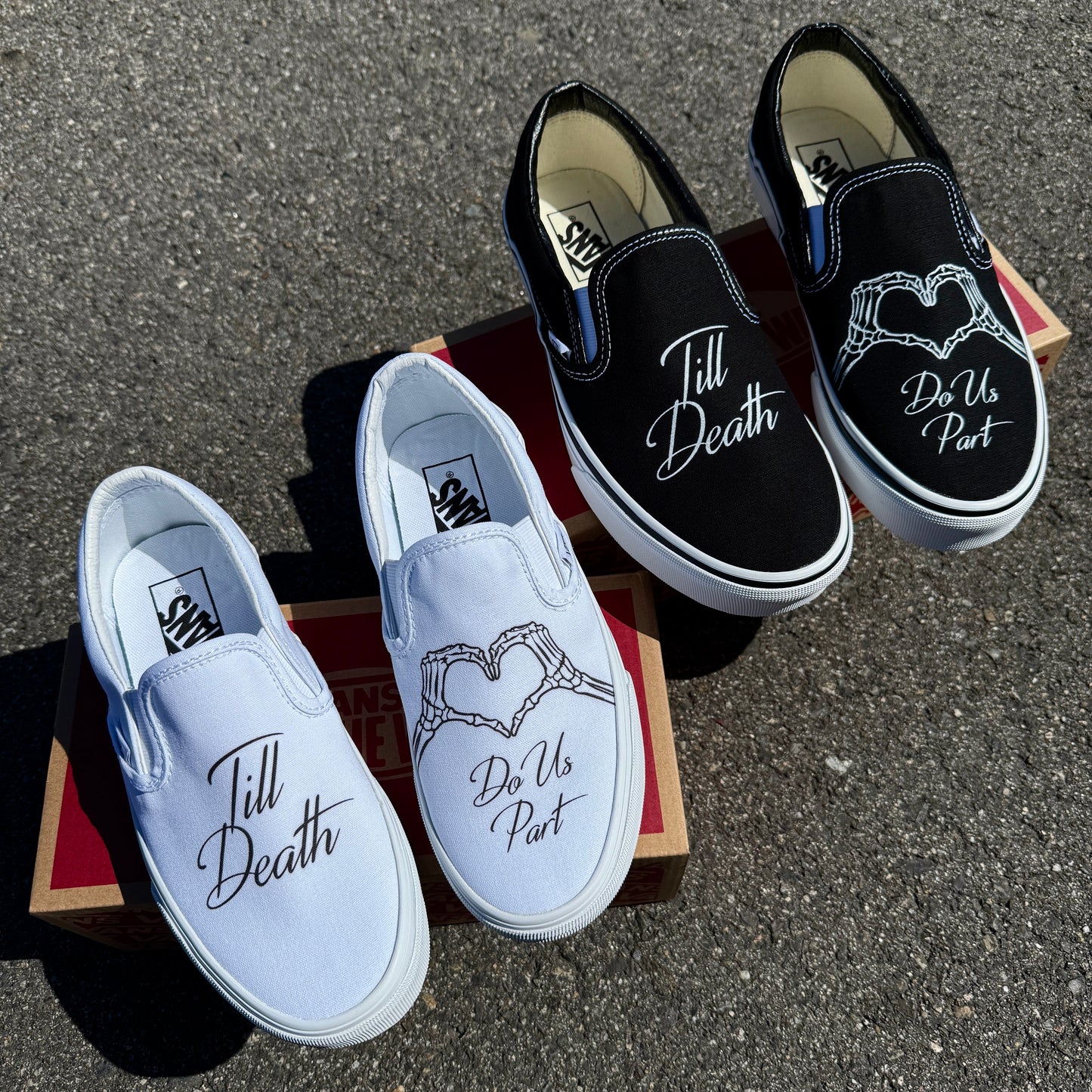 till death do us part skeleton hands custom vans slip on shoes