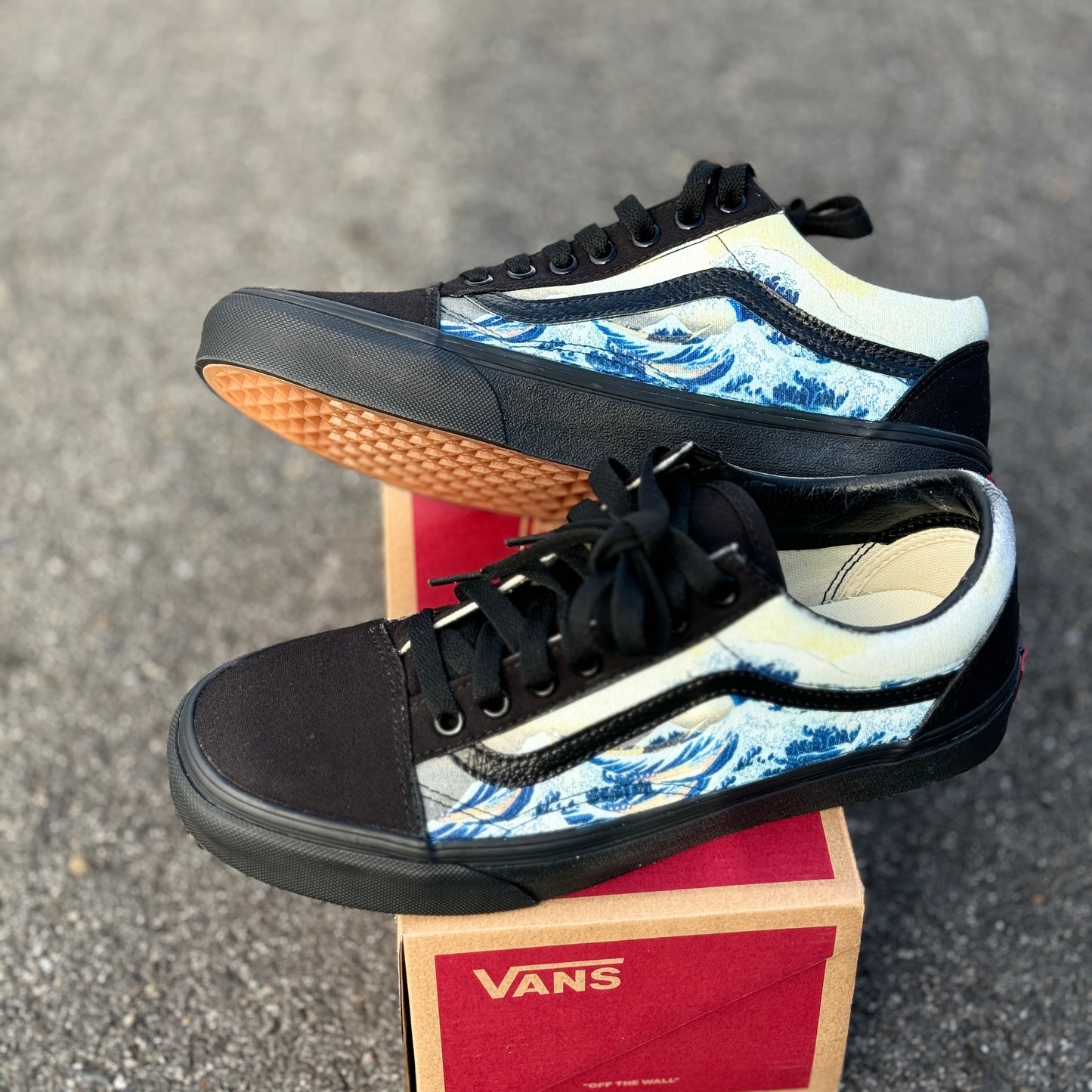The Great Wave Off Kanagawa Custom Black/Black Old Skool Vans - Men's and Women's Shoes