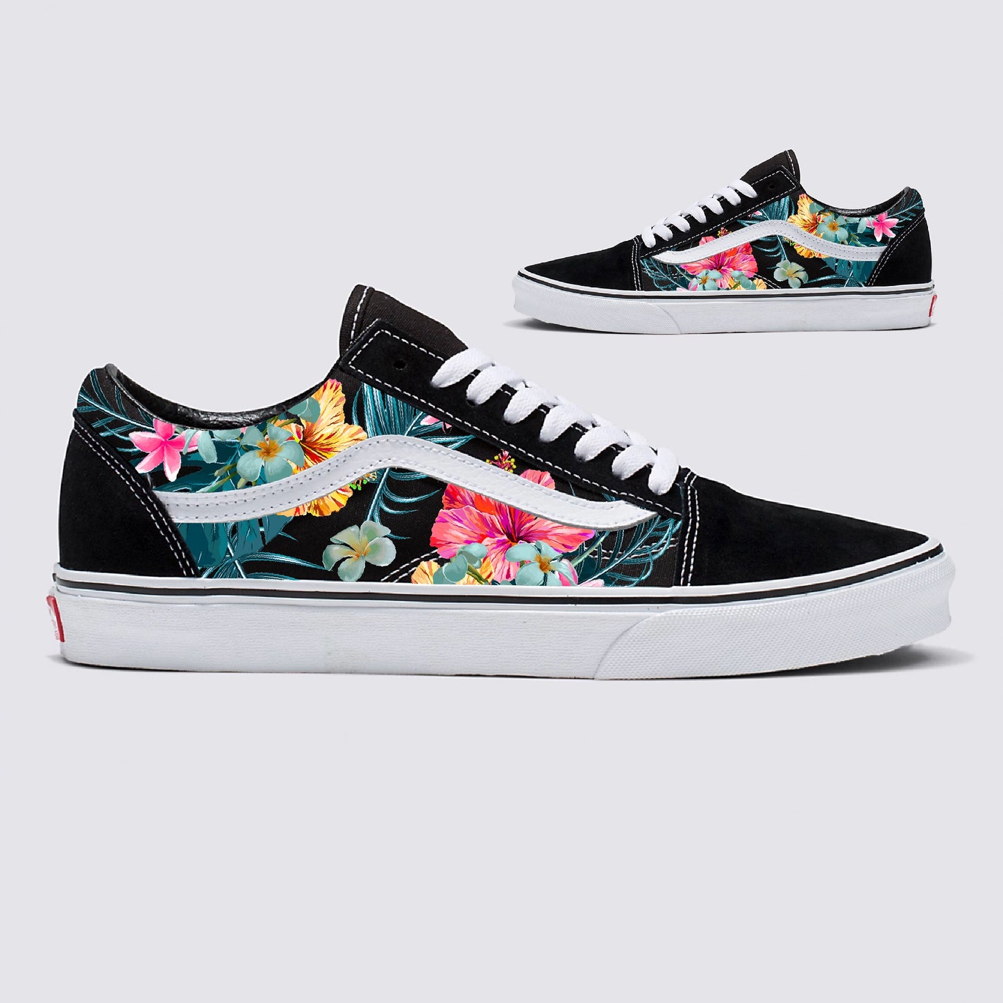 Hawaiian Tropical Floral on Black Vans Old Skool Shoes