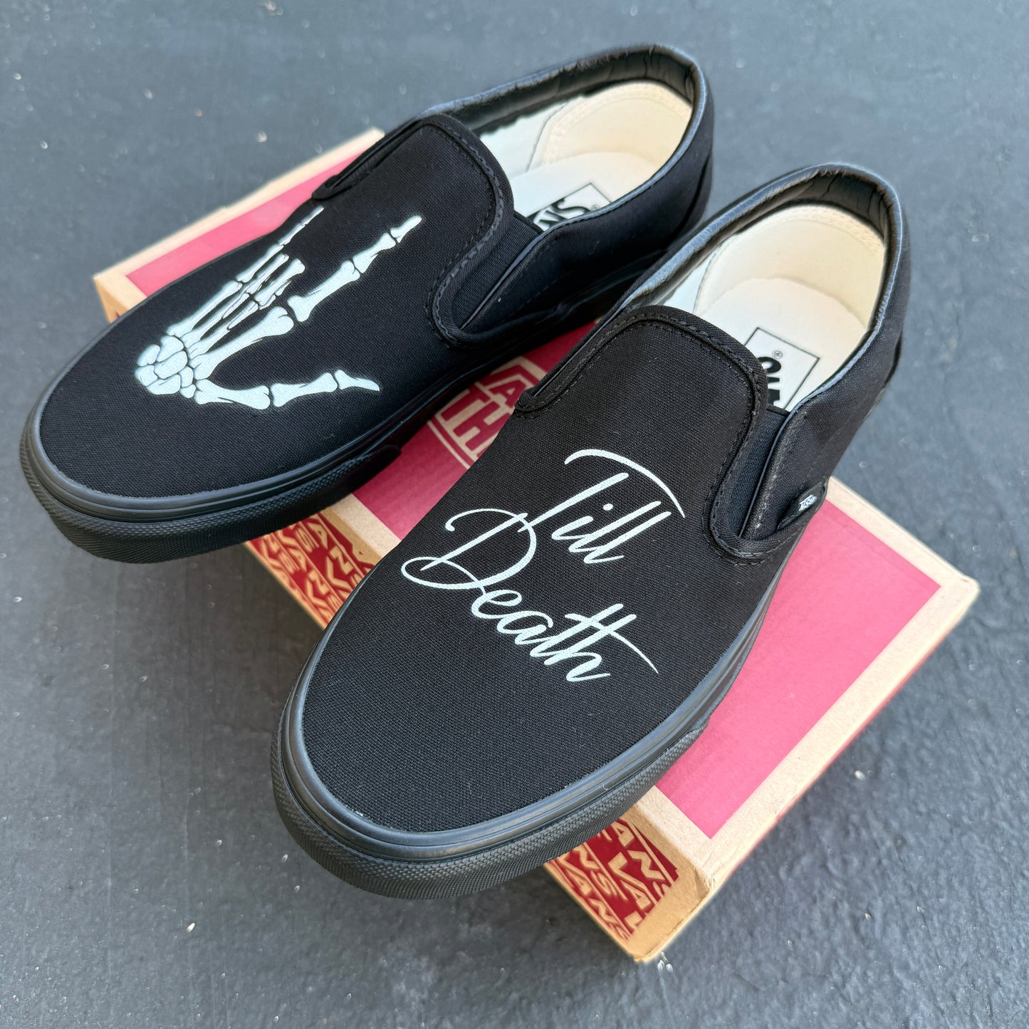Till Death I Love You Hand Custom Black/Black Wedding Vans Slip On Shoes