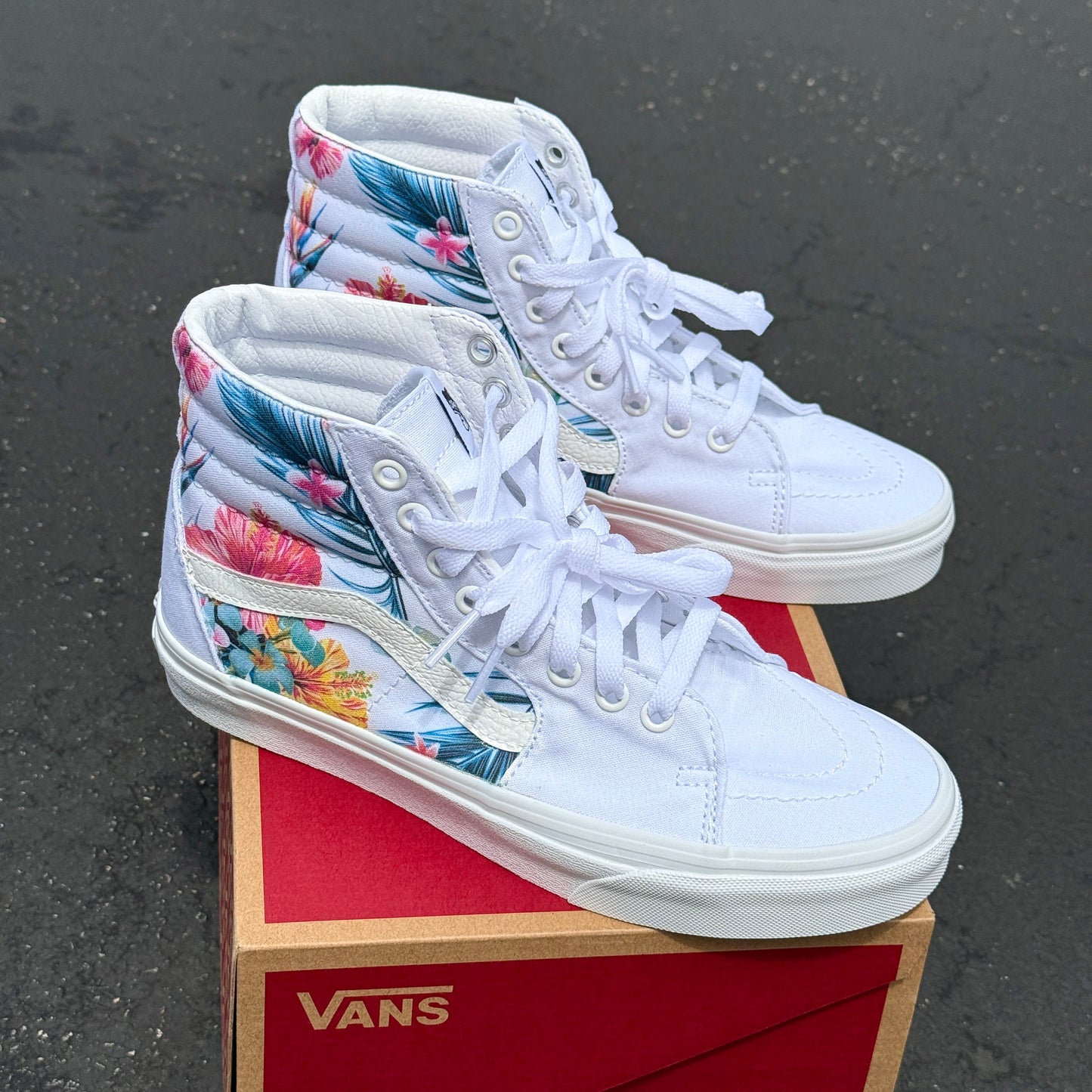 Hawaiian tropical floral hibiscus flowers on custom vans sk8 hi sneakers