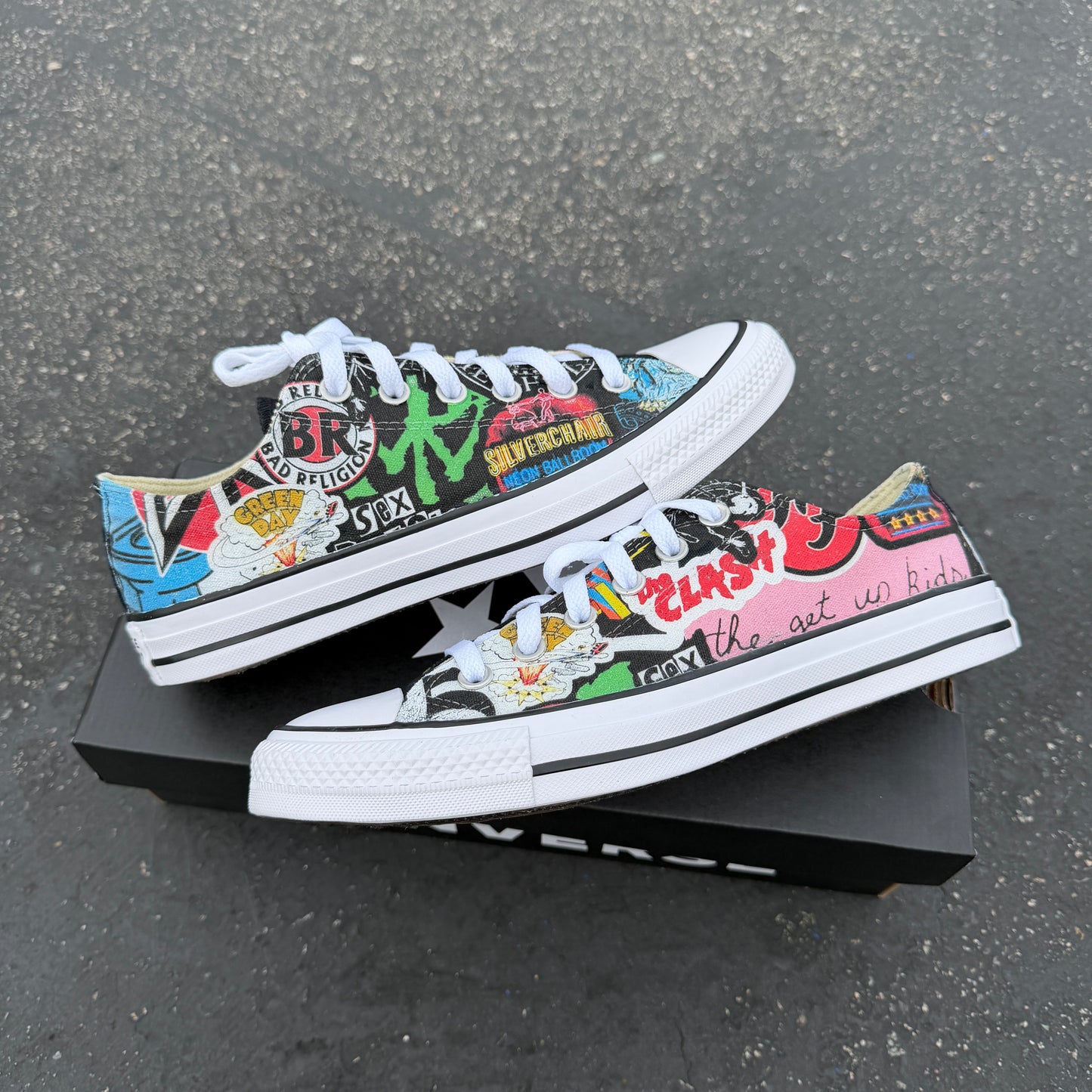 Punk Rock and Roll Alternative Band Stickers Custom Converse Low Top Sneakers
