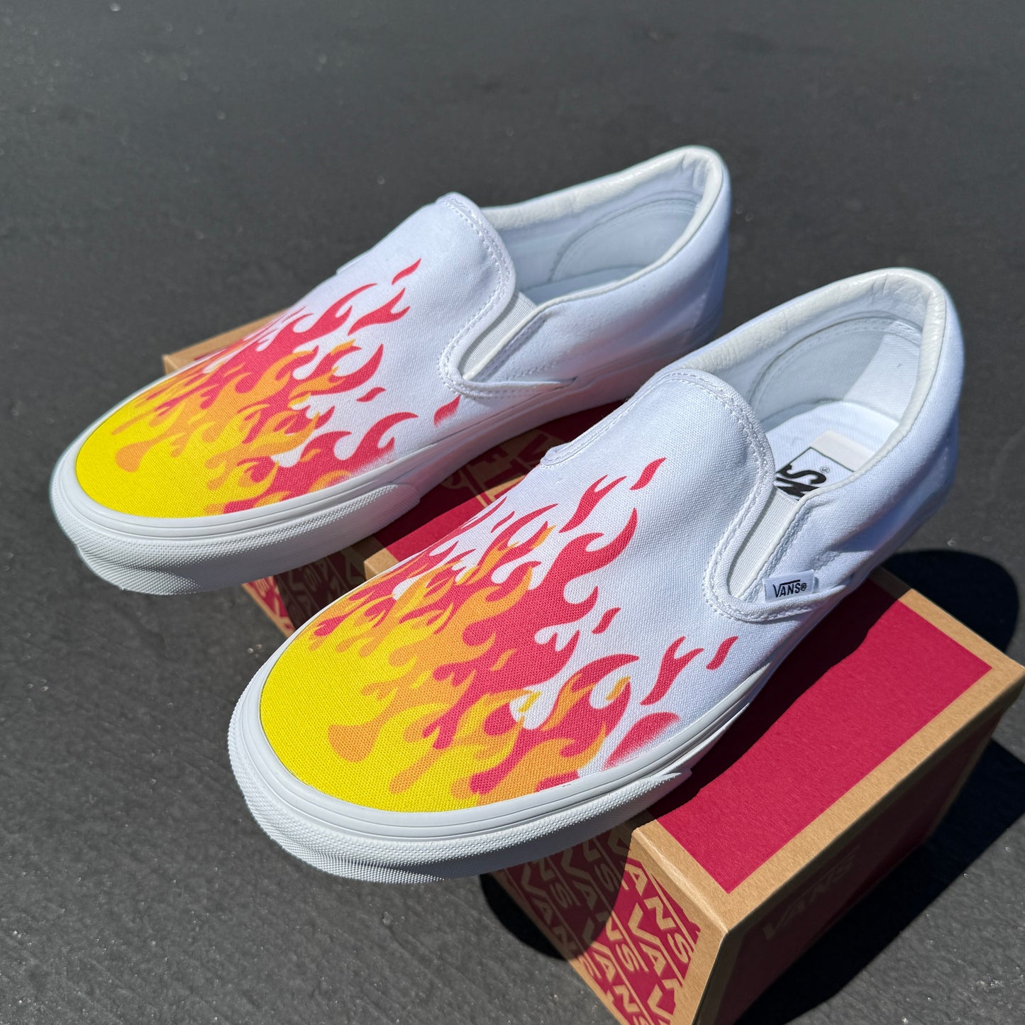 Hot Flame Shoes - Custom Vans White Slip On Flames Shoes