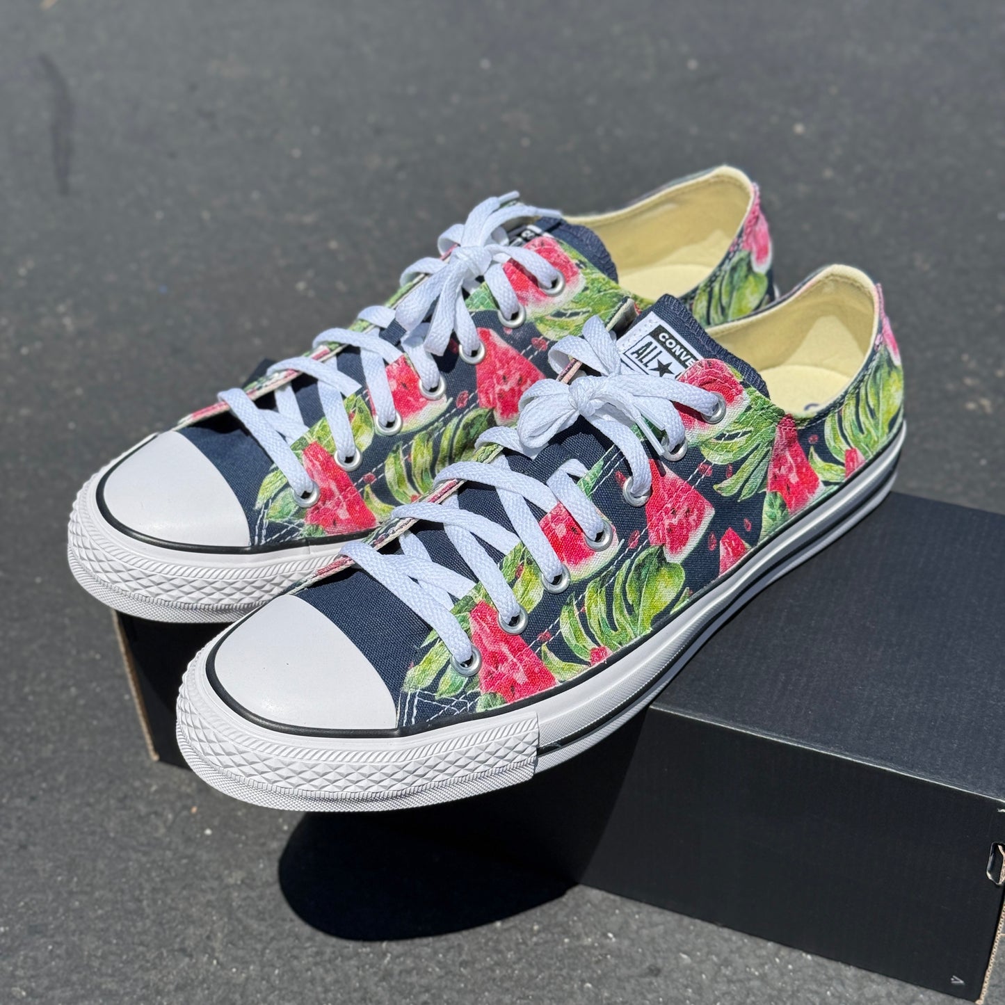 Watermelon Pattern on Navy Low Top Converse Shoes - Men's and Women's Custom Tie Lace Up Sneakers