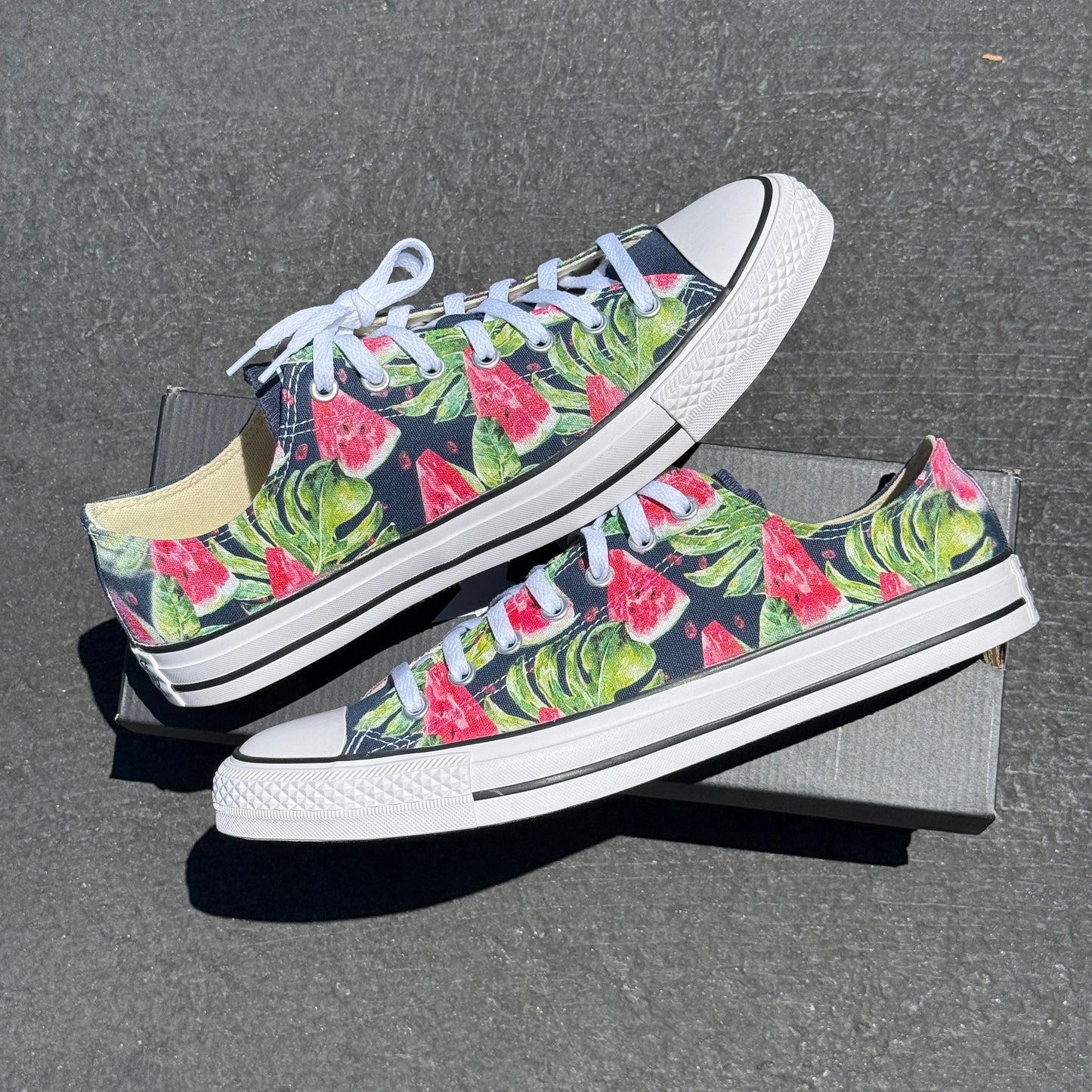 Watermelon Pattern on Navy Low Top Converse Shoes - Men's and Women's Custom Tie Lace Up Sneakers
