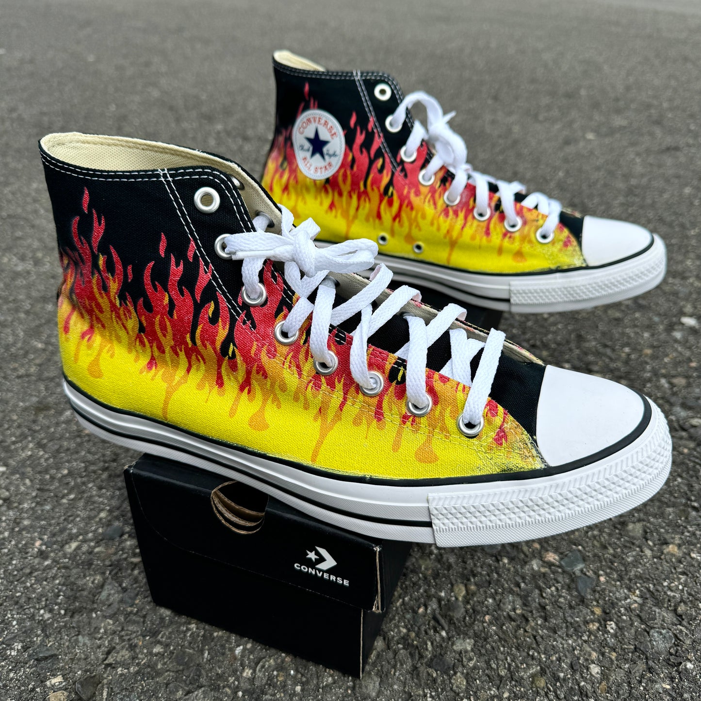 custom flames converse high top shoes