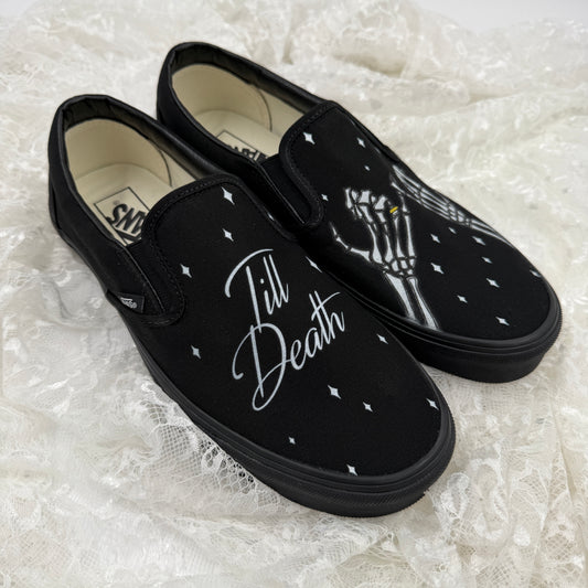 Till Death Pinky Promise Twinkle Custom Wedding Vans Slip On All Black Shoes