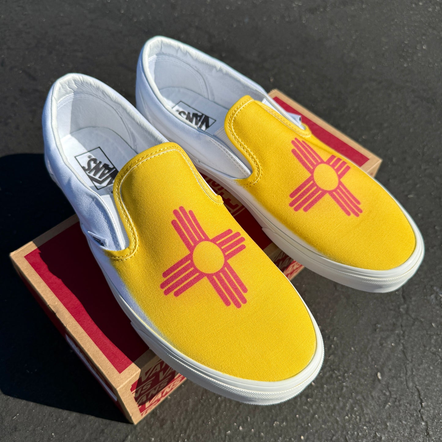 New Mexico State Flag on White Slip On Vans Shoes Customized