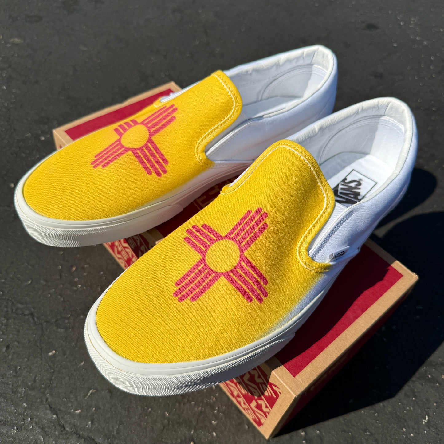 New Mexico State Flag on White Slip On Vans Shoes Customized