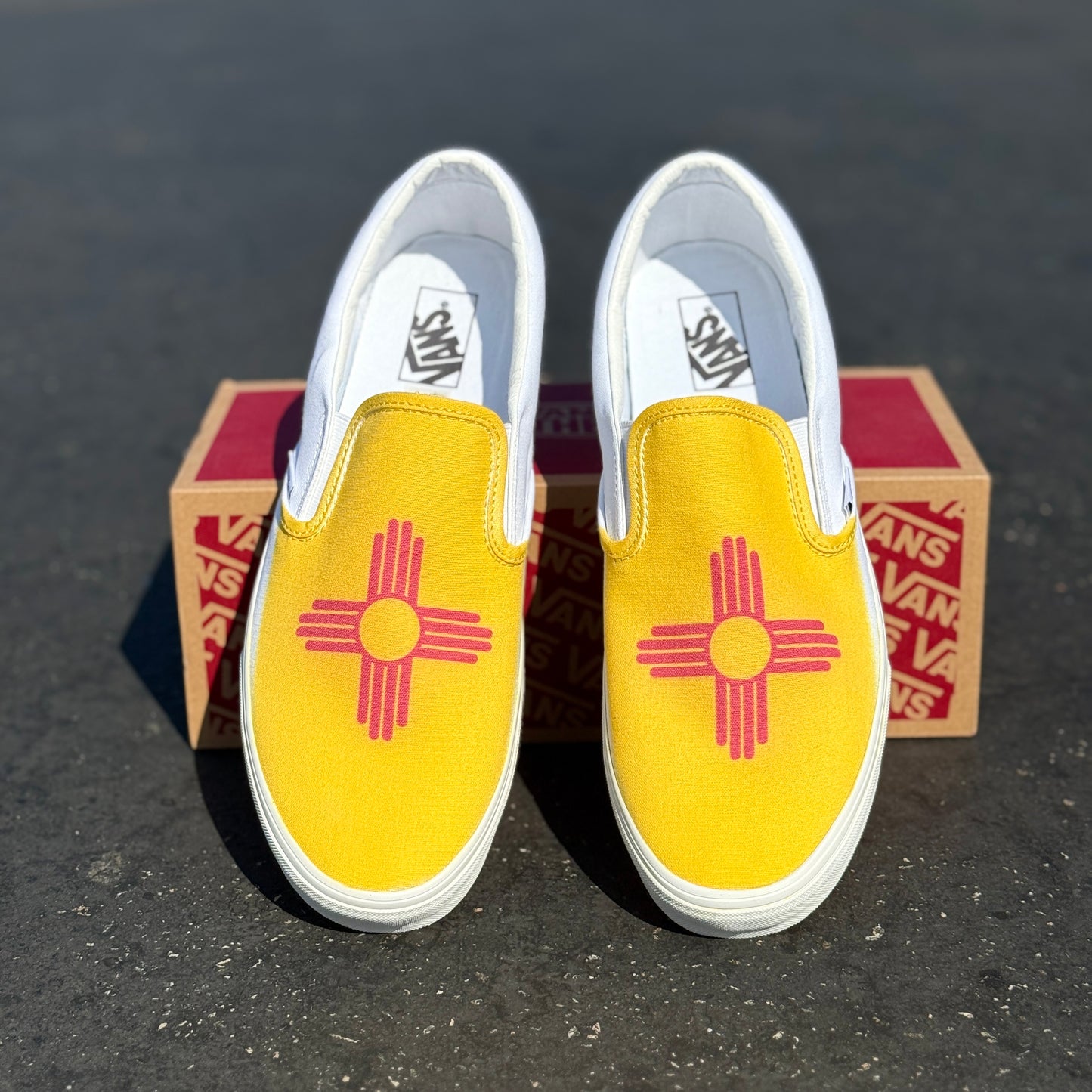 New Mexico State Flag on White Slip On Vans Shoes Customized