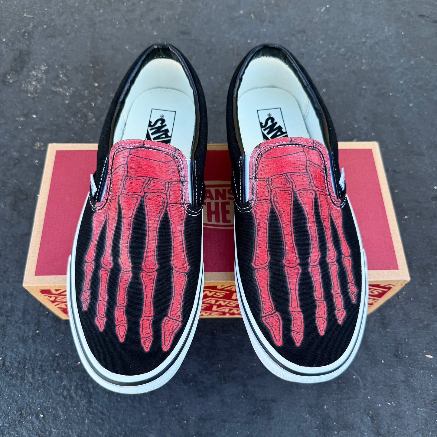 Custom Skeleton Feet Red X-Ray Slip Ons - Custom Vans Shoes