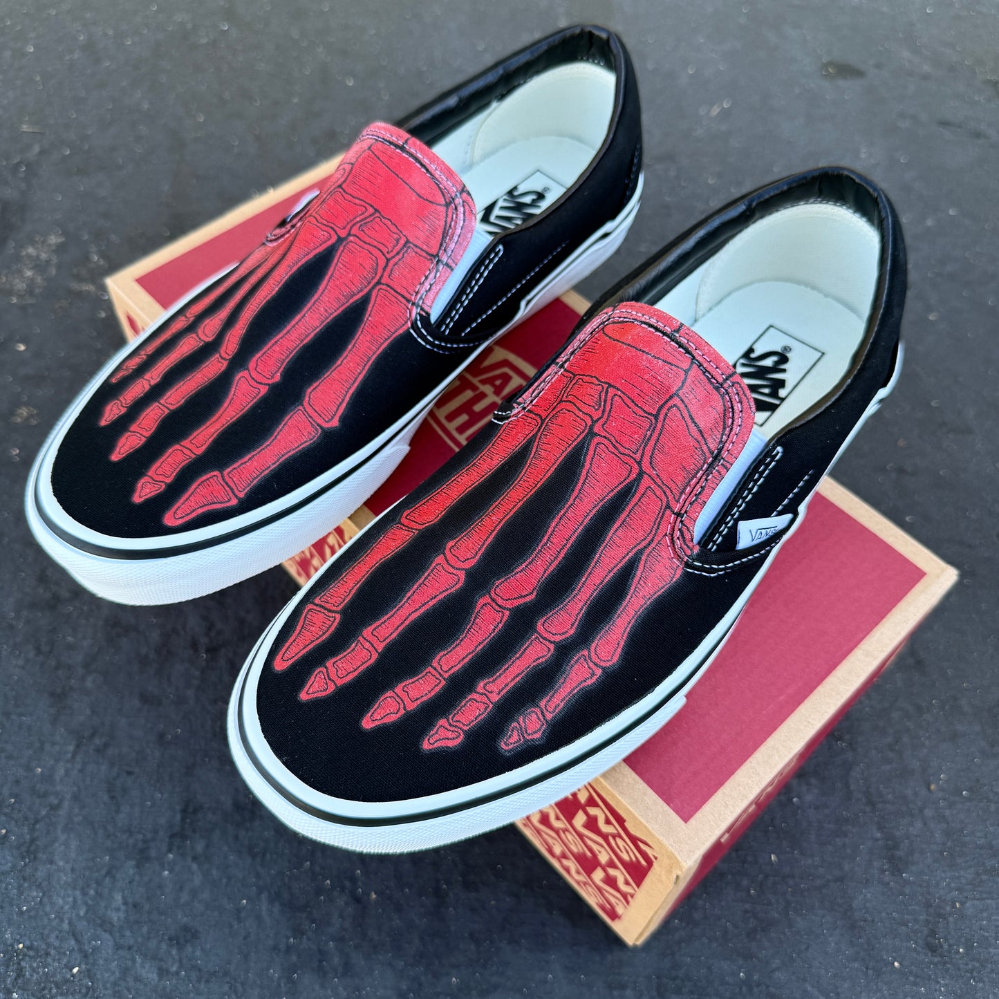 Custom Skeleton Feet Red X-Ray Slip Ons - Custom Vans Shoes