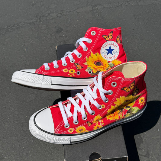 Red Converse Sunflowers Chuck Taylor High Tops Customized Sneakers