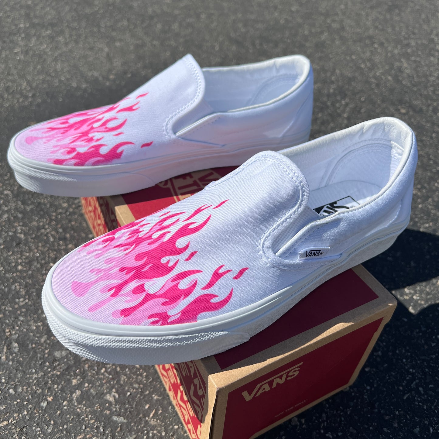 Hot Pink Flame Shoes - Custom Vans White Slip On Shoes