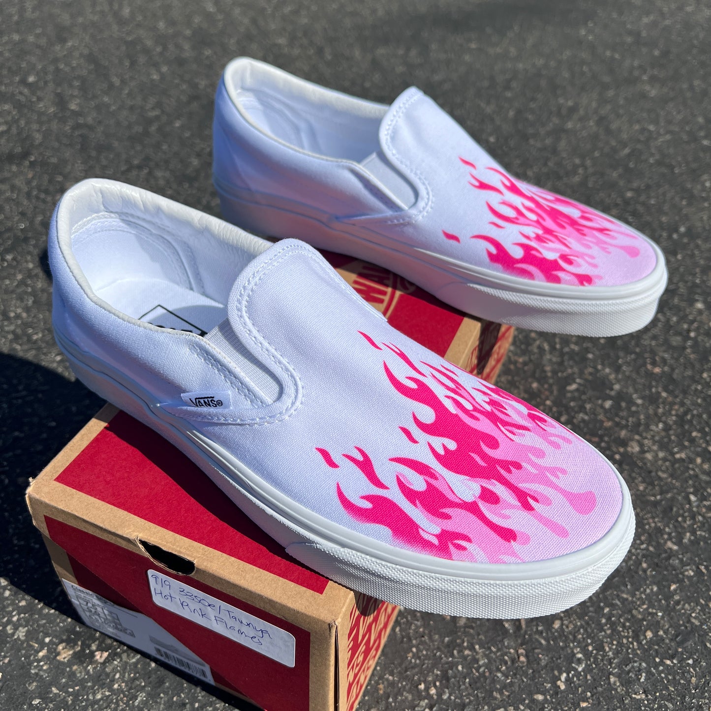 Hot Pink Flame Shoes - Custom Vans White Slip On Shoes