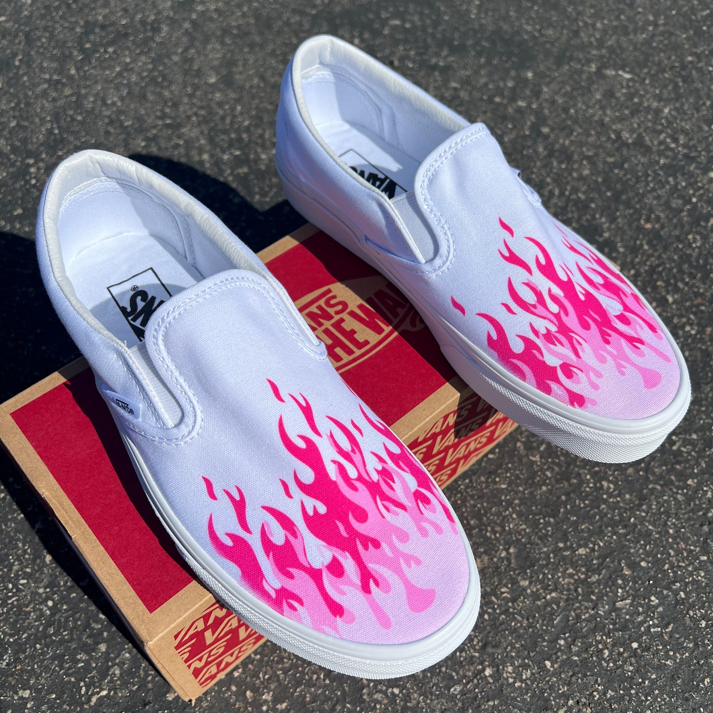 Hot Pink Flame Shoes - Custom Vans White Slip On Shoes