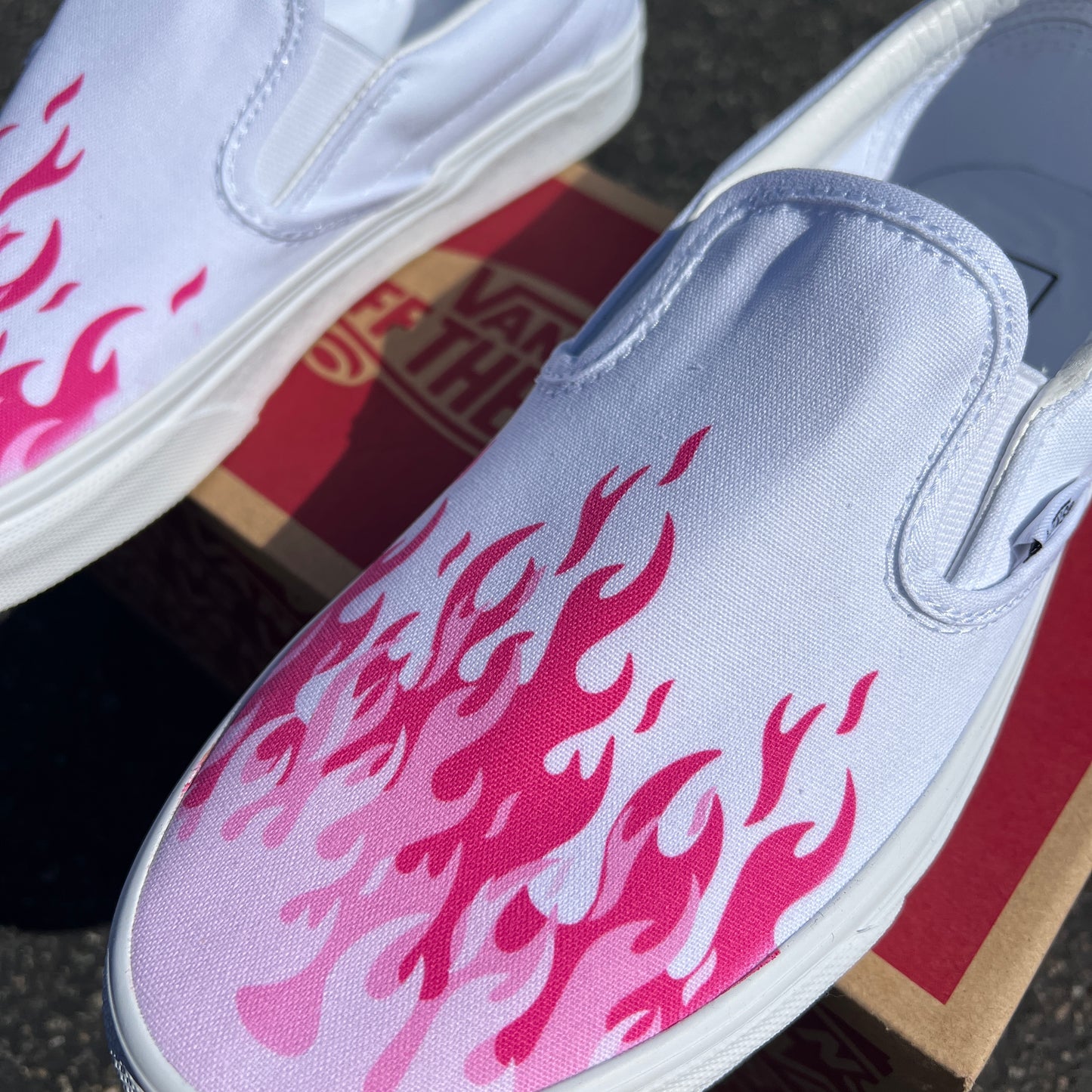 Hot Pink Flame Shoes - Custom Vans White Slip On Shoes