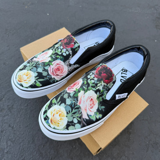 Black Slip On BLVD Original Shoes with Whimsical Rose pattern