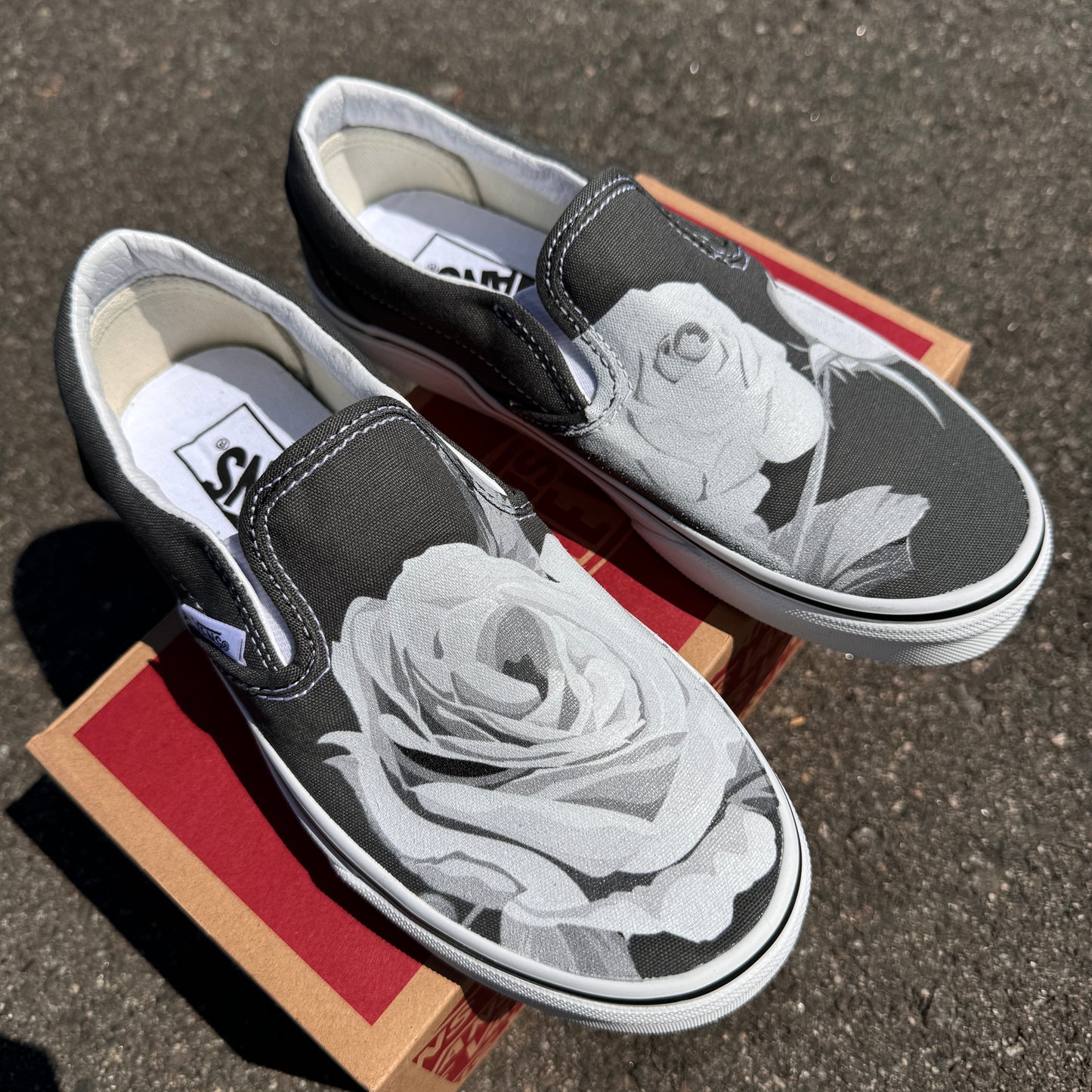 Greyscale Rose on Custom Charcoal Slip On Vans Shoes for Women and Men