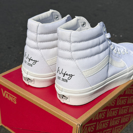 Elegant Cursive Custom Wifey EST. 2026 White Vans Sk8-Hi Shoes for Wedding