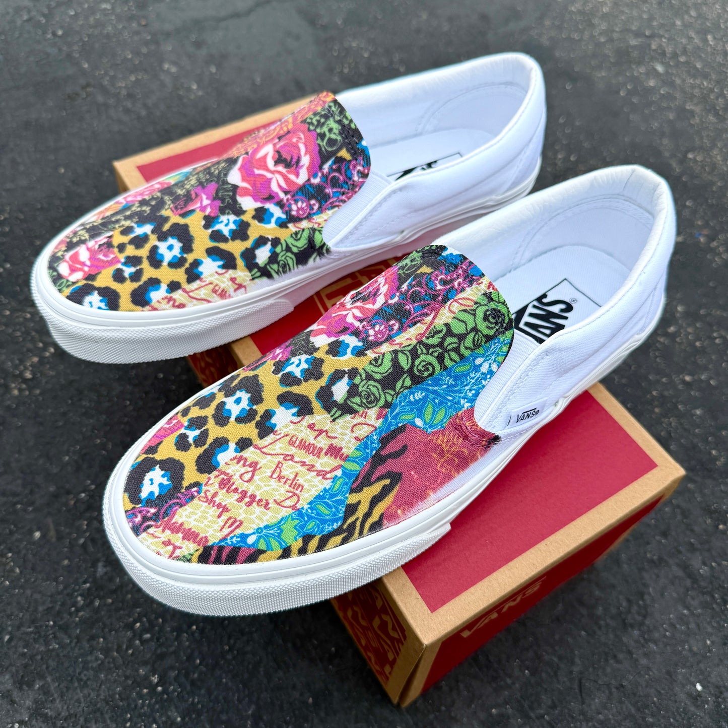 Cheetah rose collage custom vans slip on shoes