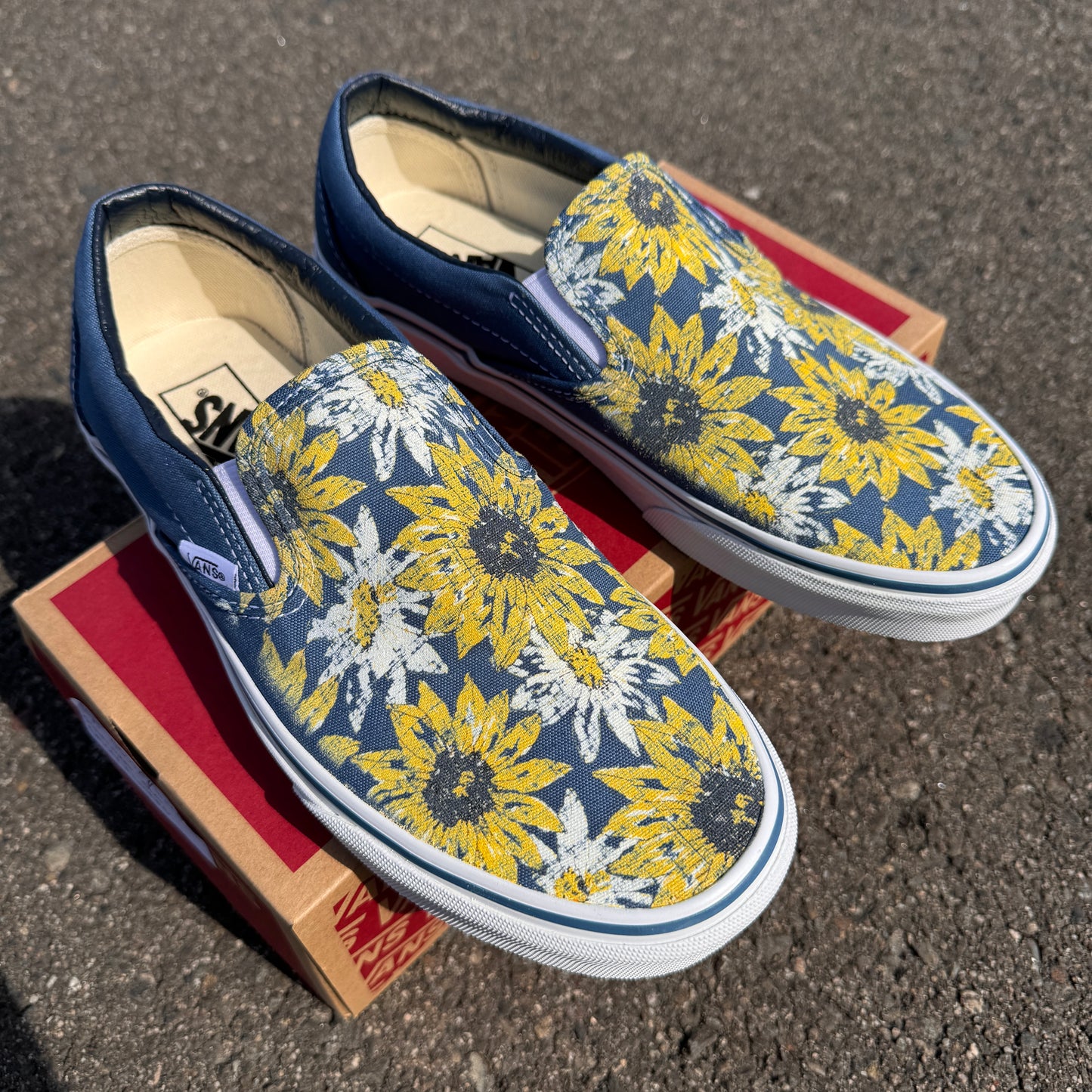 Sunflowers and Daisy Flowers on Navy Slip On Vans Shoes - Men's and Women's Custom Vans Sneakers