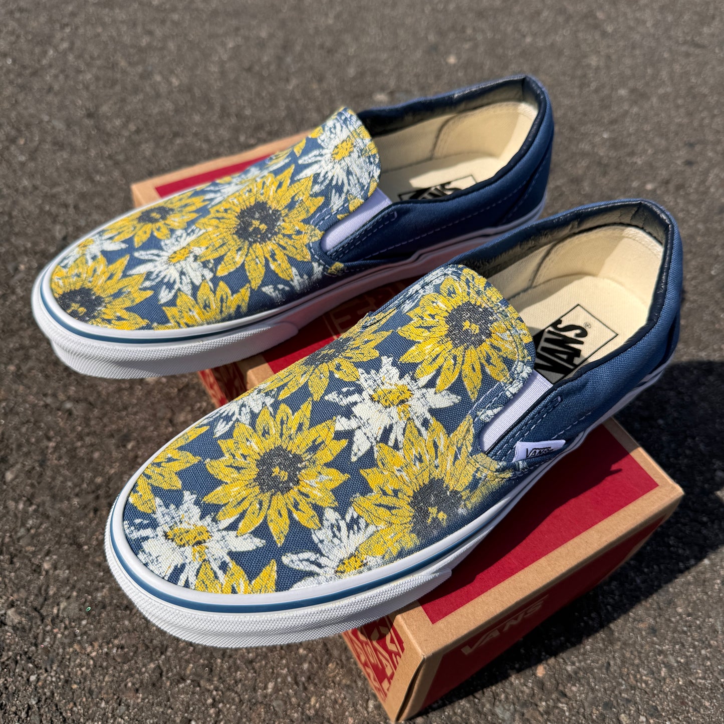 Sunflowers and Daisy Flowers on Navy Slip On Vans Shoes - Men's and Women's Custom Vans Sneakers