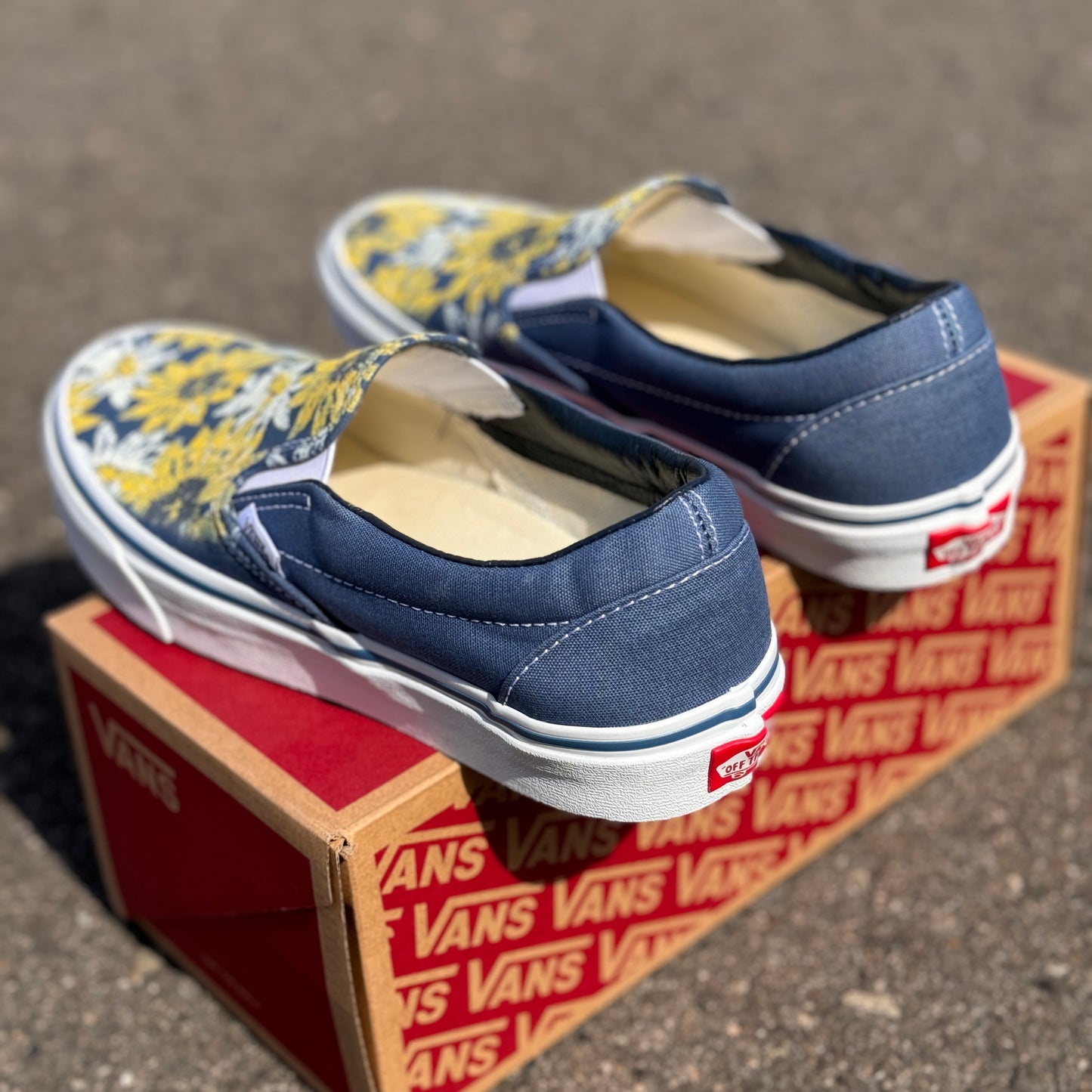 Sunflowers and Daisy Flowers on Navy Slip On Vans Shoes - Men's and Women's Custom Vans Sneakers