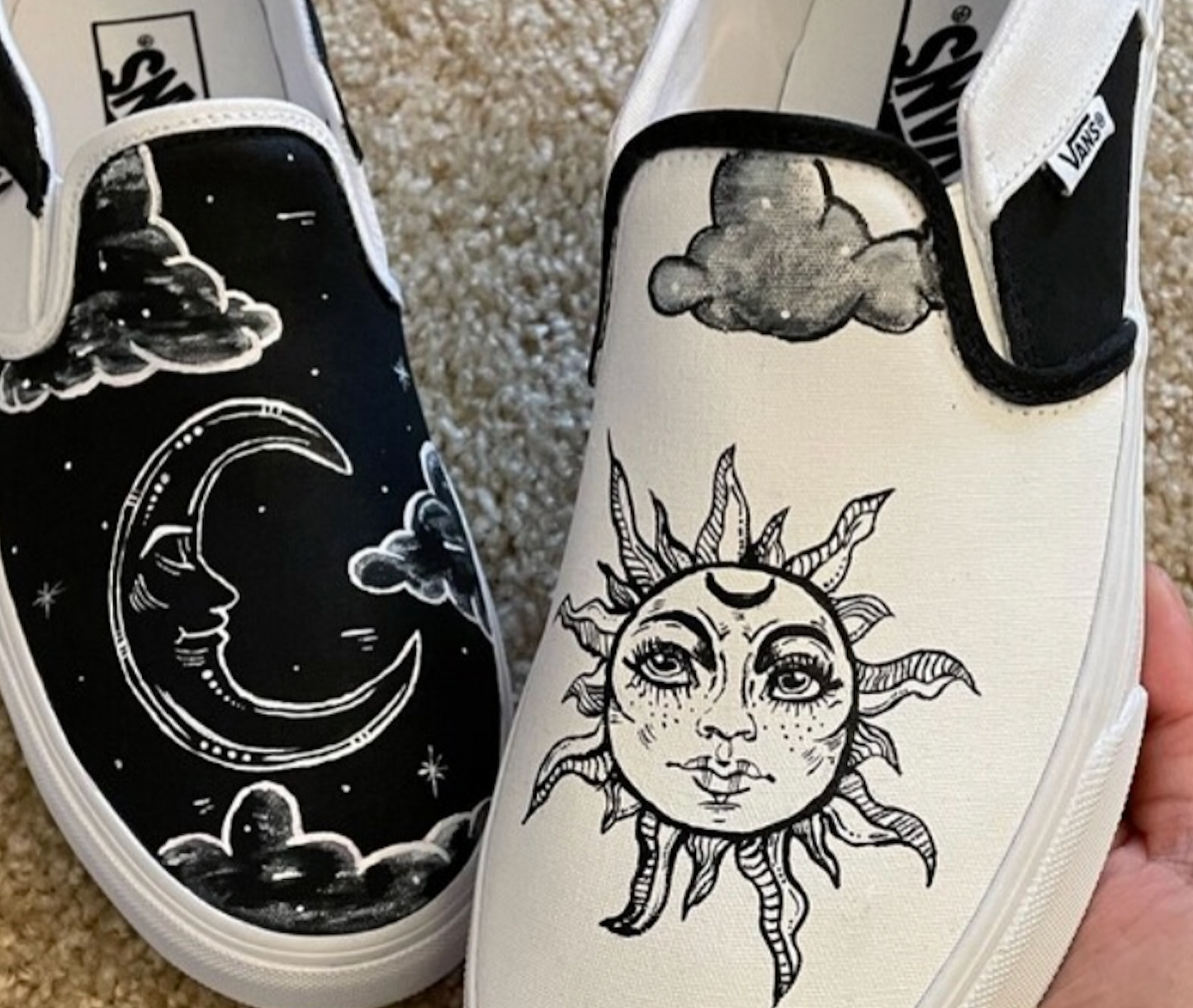 Mens size 8 (Women's size 9.5) Black Moon White Sun Slip On Vans Custom Order