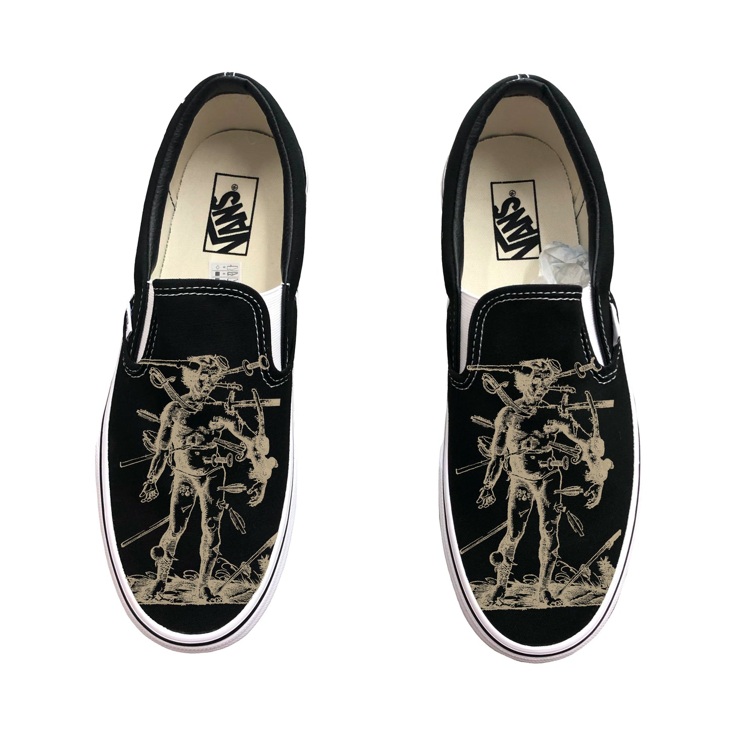 The Wound Man from Hans von Gersdorff’s Feldbuch der Wundarznei (1530) on Black Slip On Vans Shoes Custom Sneakers - Custom Vans Shoes
