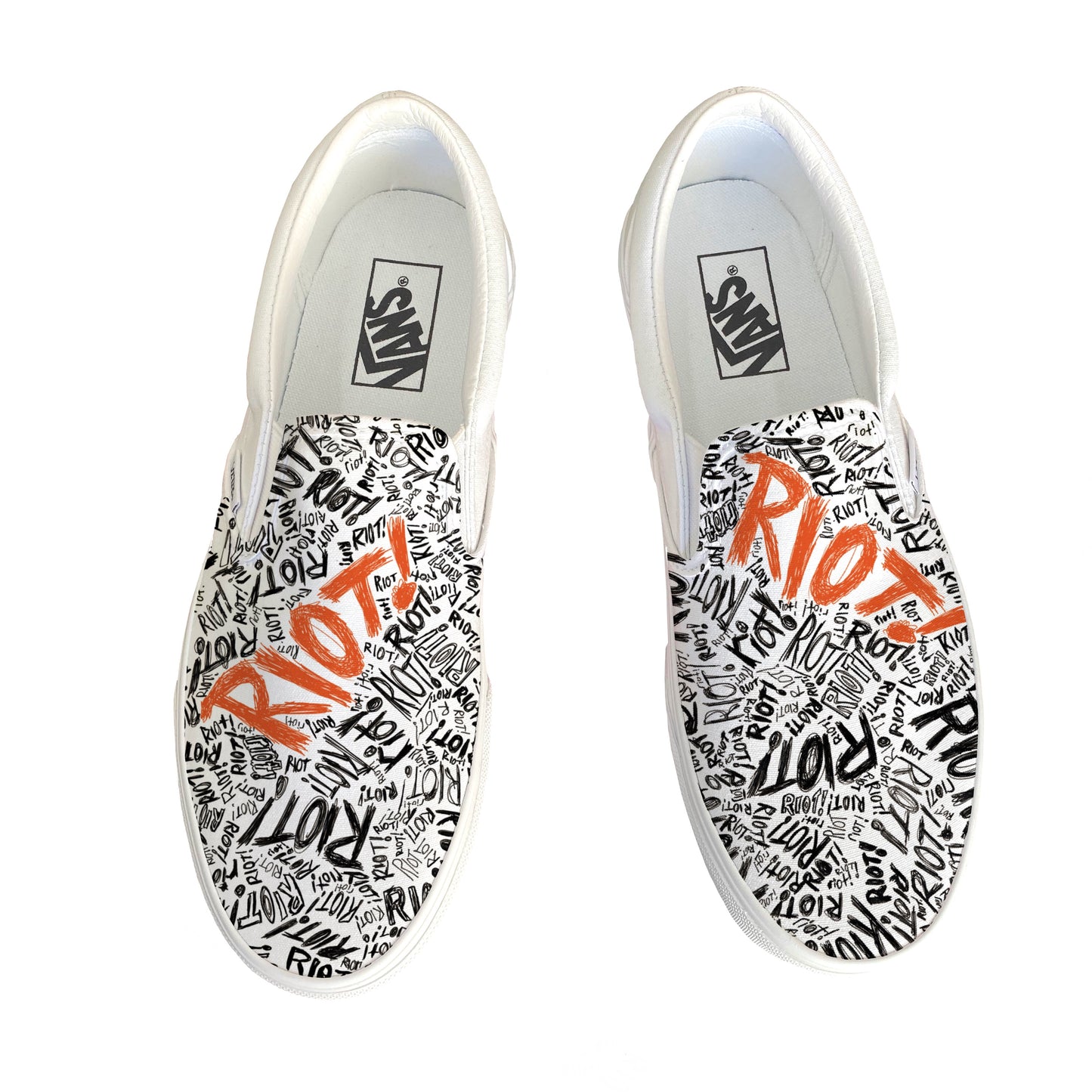 US Men's size 10.5 White Slip On Vans RIOT! Shoes - Custom Order