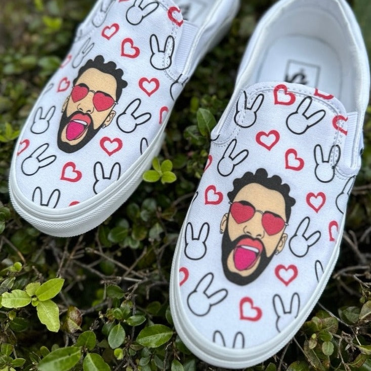 Bad Bunny Valentines Day Red Heart Portrait Custom Slip On Vans: LIMITED TIME ONLY - Custom Vans Shoes