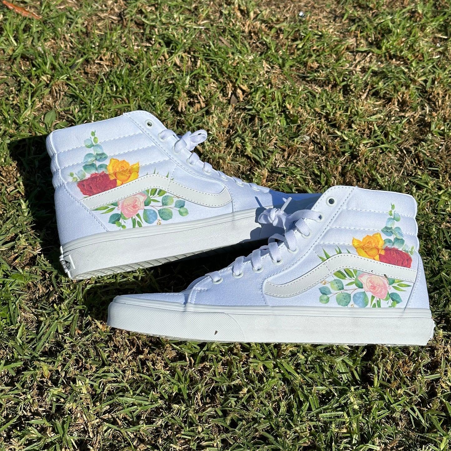 Rose Flower Red Yellow Pink Floral Spring Design - White Sk8-Hi Vans