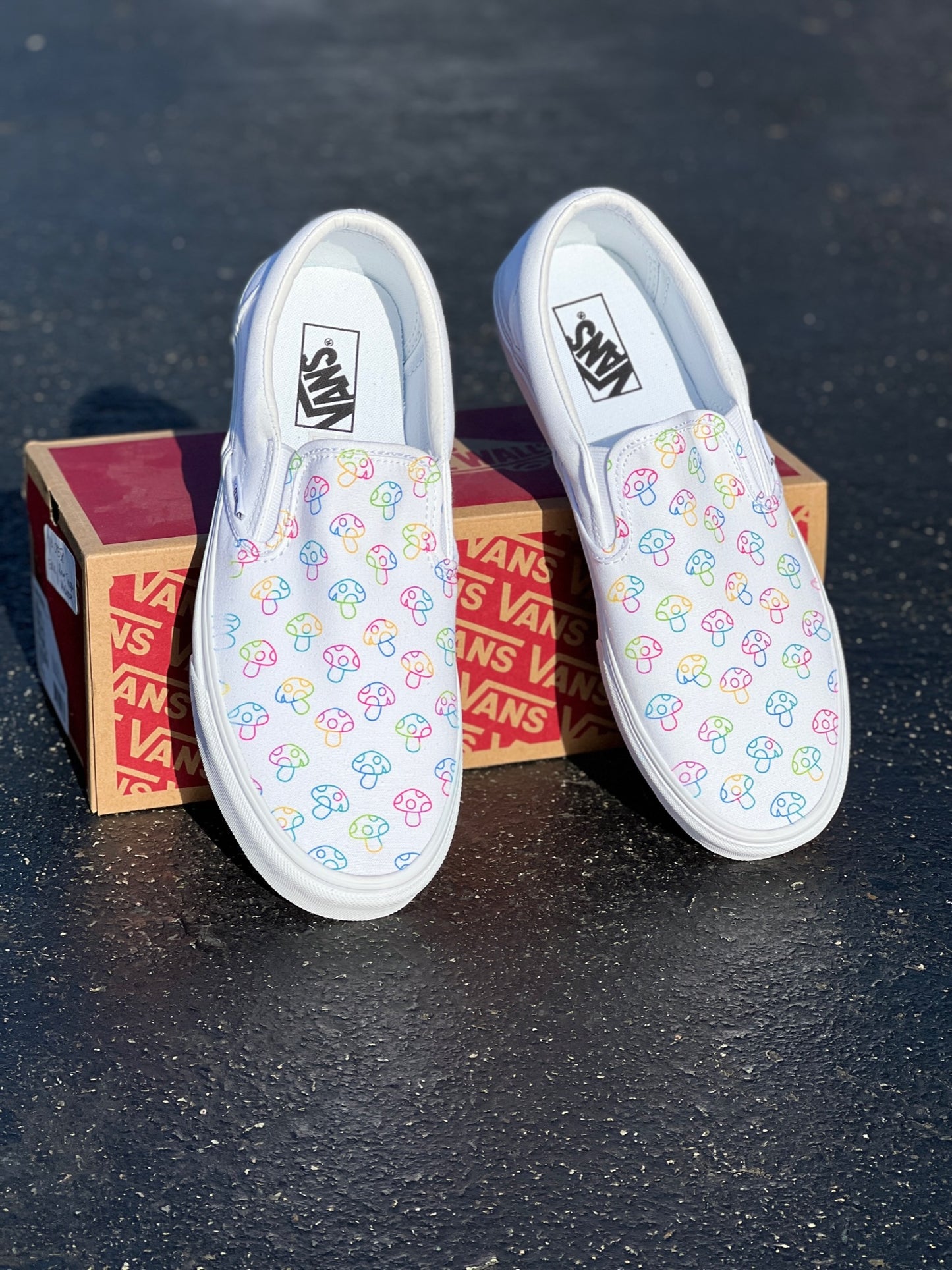 Rave Trippy Mushroom Shoes - Custom Vans White Slip On Shoes